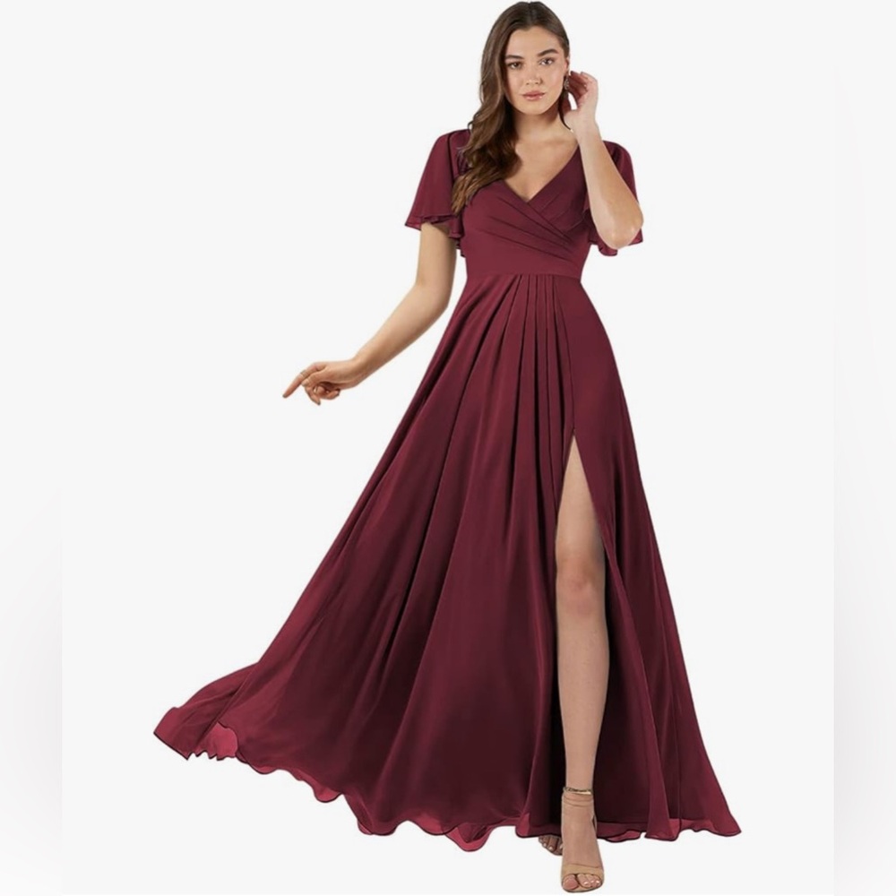 NWT - Women's Flutter Sleeve Bridesmaid Dresses Long with Slit V Neck Chiffon